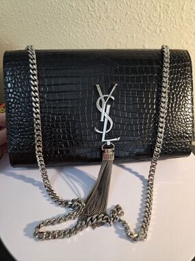 Saint Laurent Kate Medium Black Crocodile-Embossed Tassel Chain Shoulder Bag EUC